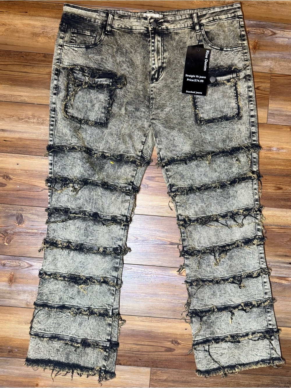 Rise Denim Stacked Jeans Mens 40 Distressed Acid Wash Streetwear